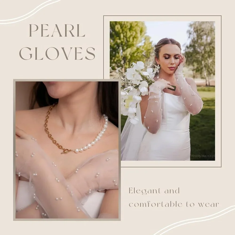 Women's White Long Tulle Pearl Long Sleeves Gloves Bridal Party Prom Costumes